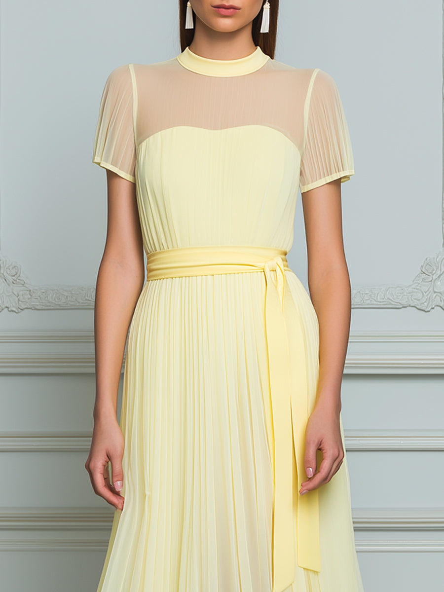 Lemon Yellow Sheer Yoke Pleated Midi Dress