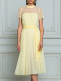 Lemon Yellow Sheer Yoke Pleated Midi Dress