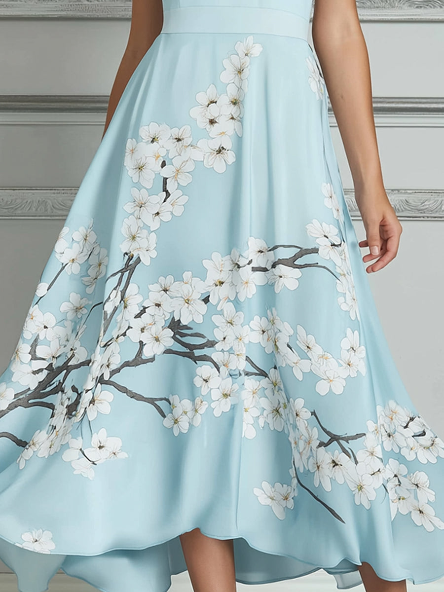 Light Blue Cherry Blossom Print Midi Dress