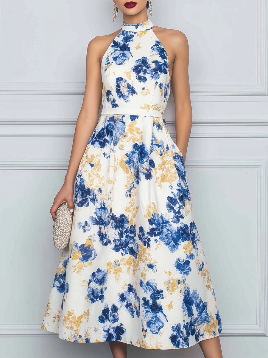 Halter Neck Floral Print A-Line Midi Dress