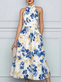 Halter Neck Floral Print A-Line Midi Dress