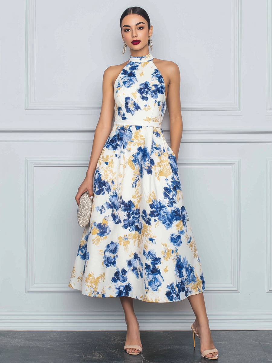 Halter Neck Floral Print A-Line Midi Dress