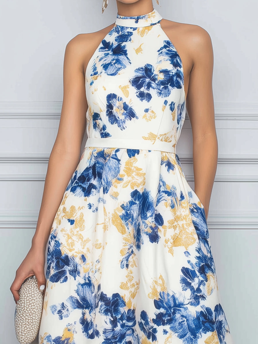 Halter Neck Floral Print A-Line Midi Dress