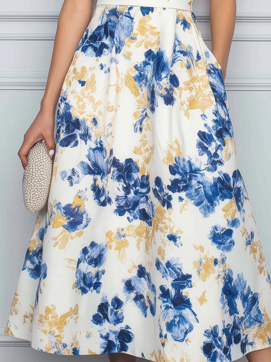 Halter Neck Floral Print A-Line Midi Dress