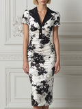 Ruched Button-Front Collared Floral Pencil Midi Dress