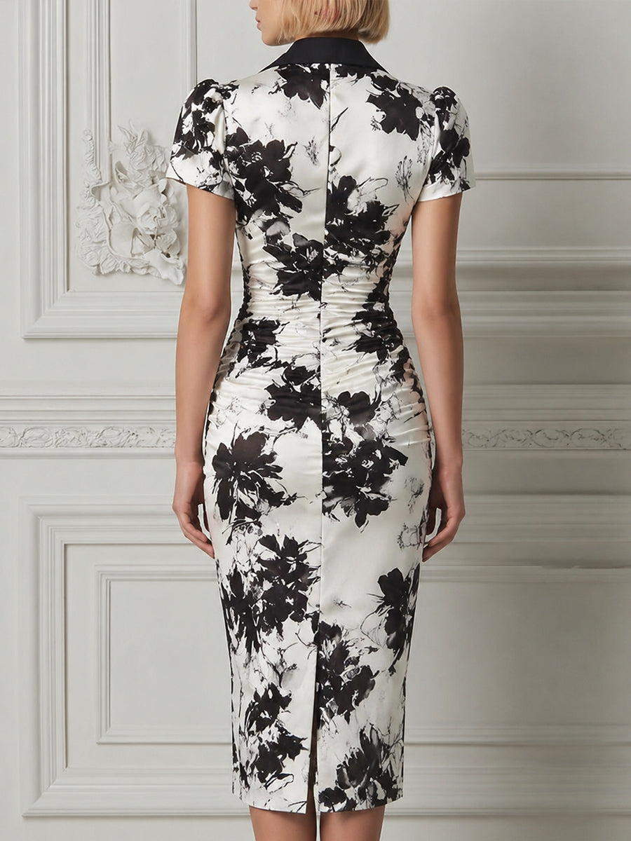 Ruched Button-Front Collared Floral Pencil Midi Dress