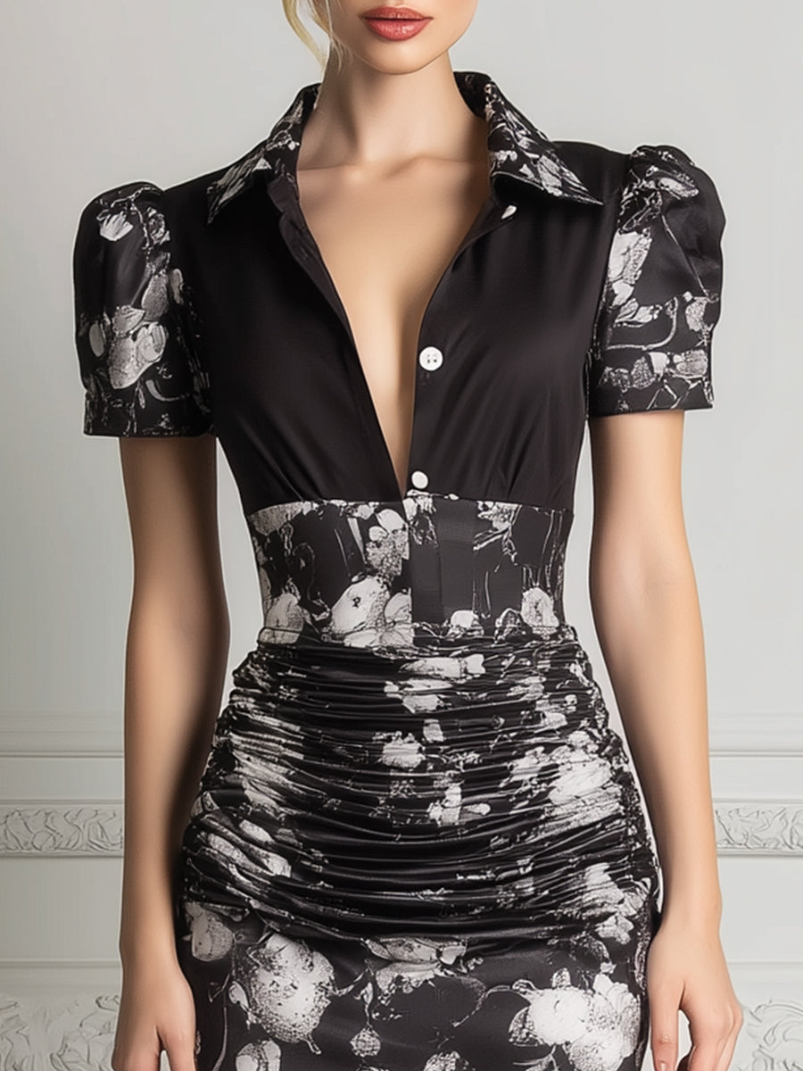 Ruched Button-Front Collared Floral Pencil Midi Dress