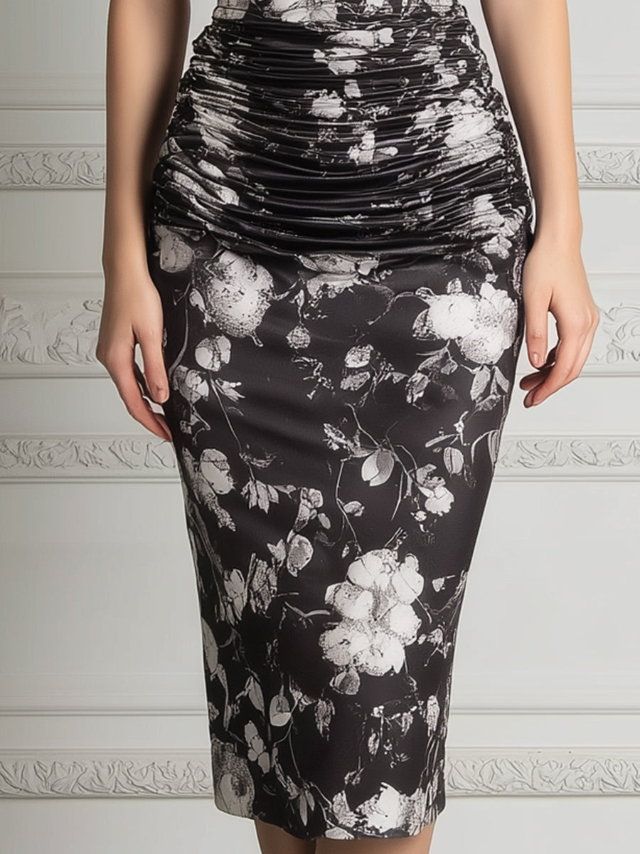Ruched Button-Front Collared Floral Pencil Midi Dress