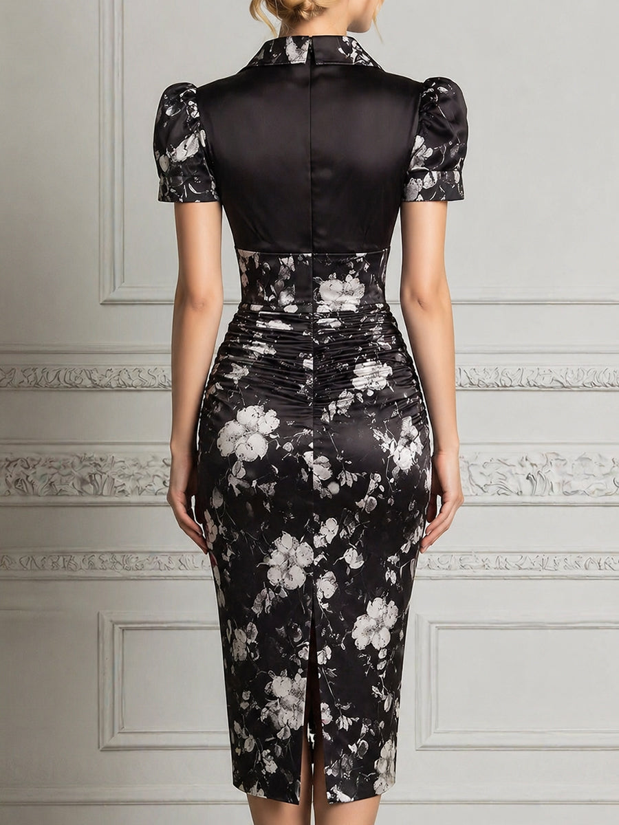 Ruched Button-Front Collared Floral Pencil Midi Dress