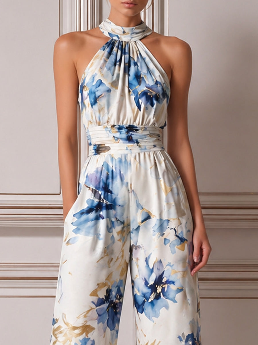 Halter Neck Floral Print Wide-Leg Jumpsuit