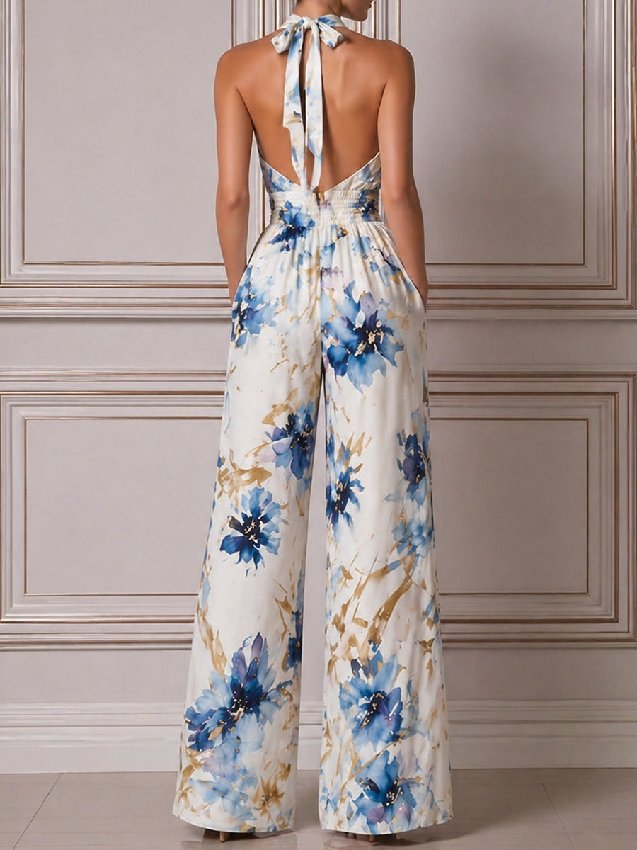 Halter Neck Floral Print Wide-Leg Jumpsuit
