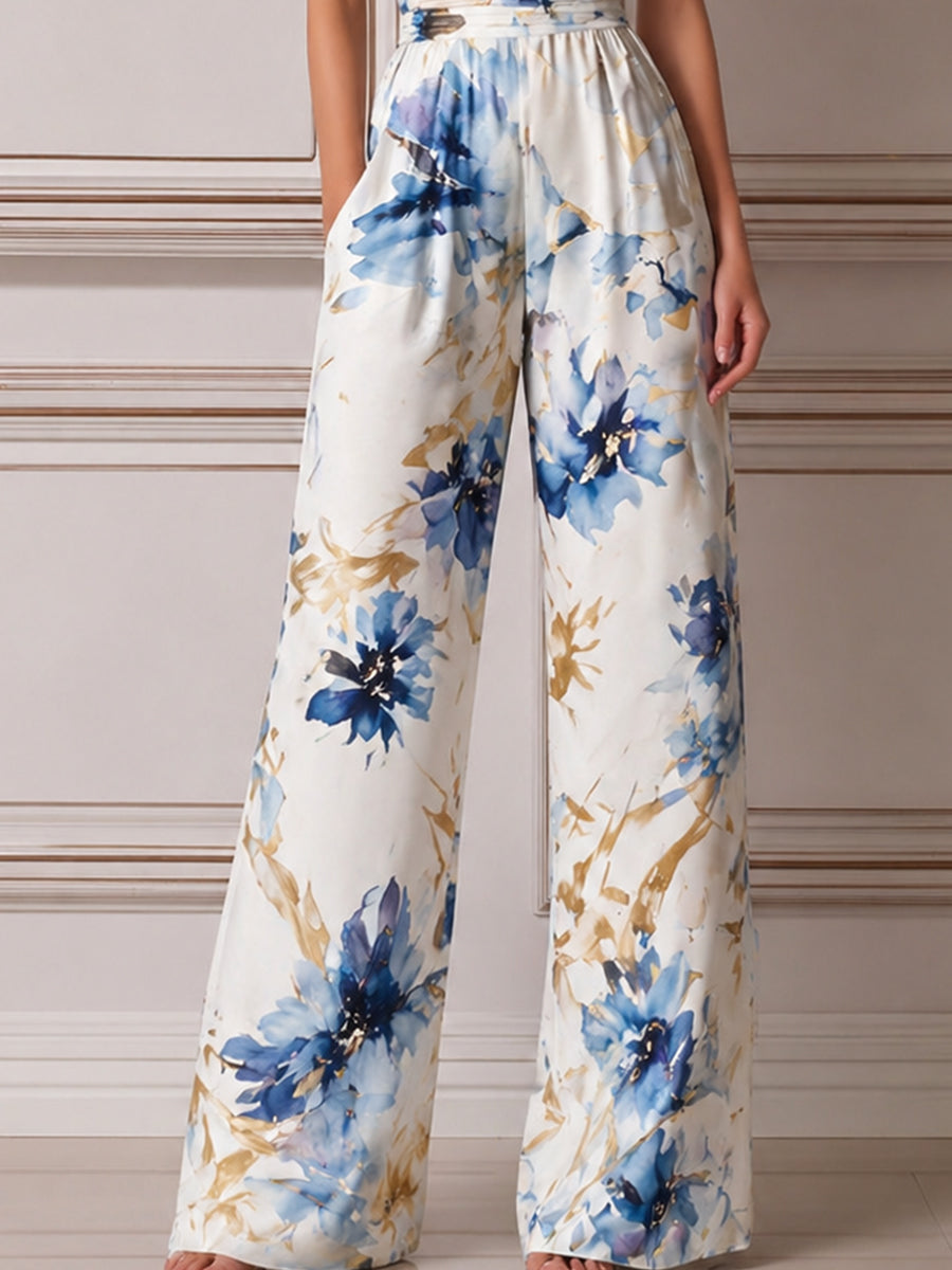 Halter Neck Floral Print Wide-Leg Jumpsuit