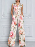 Sleeveless Button-Front Collared Floral Wide-Leg Jumpsuit
