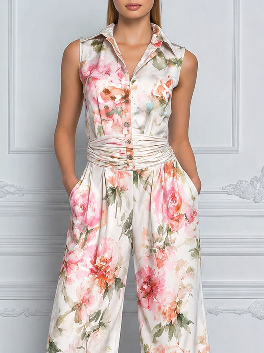 Sleeveless Button-Front Collared Floral Wide-Leg Jumpsuit