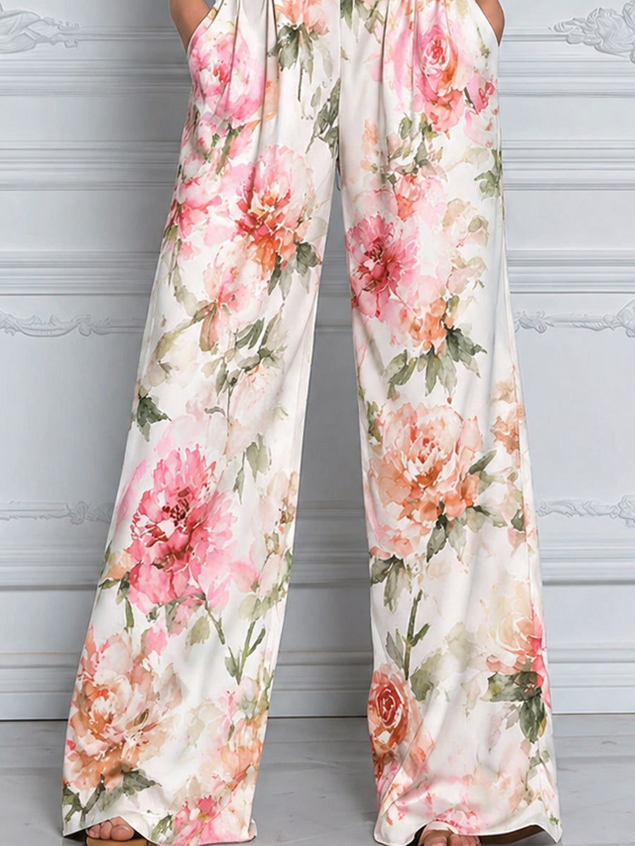 Sleeveless Button-Front Collared Floral Wide-Leg Jumpsuit