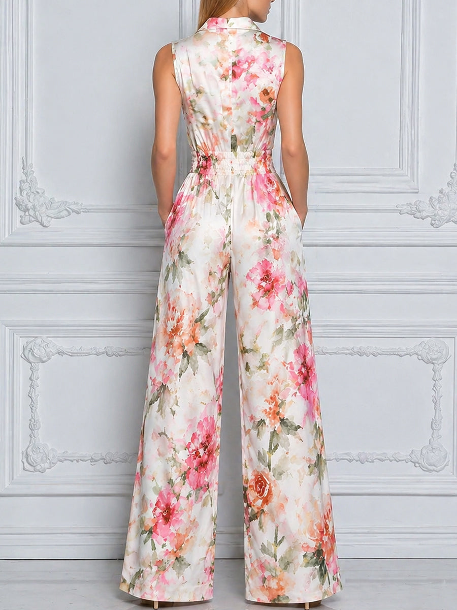 Sleeveless Button-Front Collared Floral Wide-Leg Jumpsuit