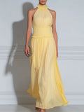 Halter Neck Shirred Waist Flowing Maxi Dress