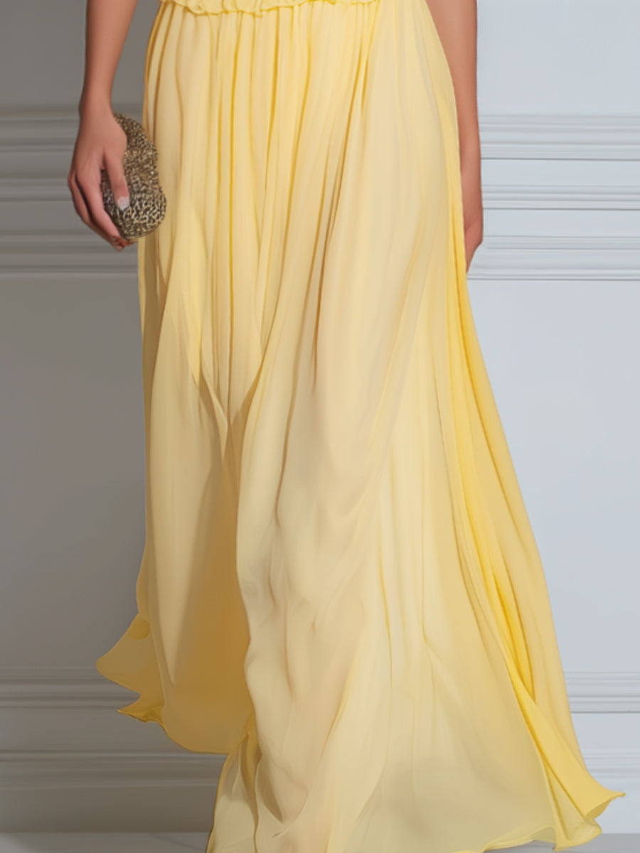 Halter Neck Shirred Waist Flowing Maxi Dress