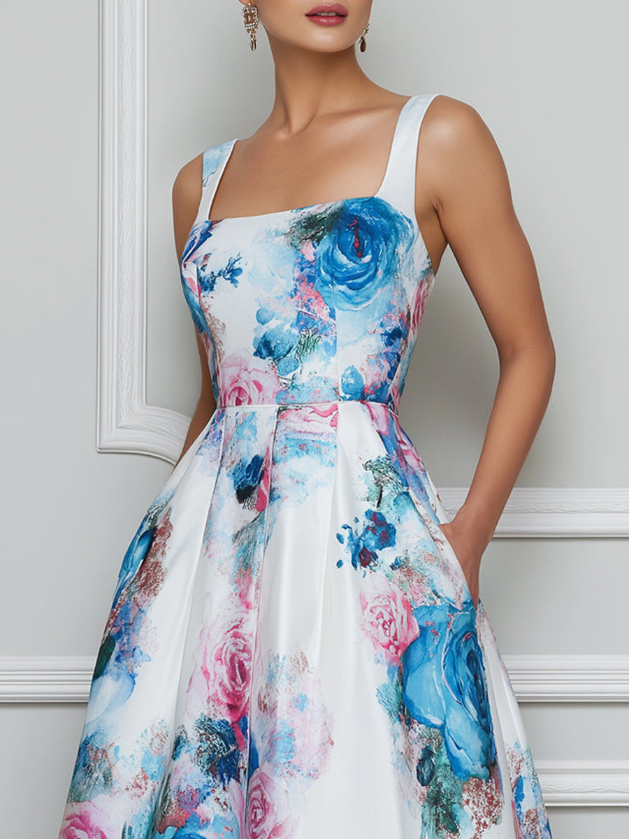 White Watercolor Rose Print Square Neck Midi Dress