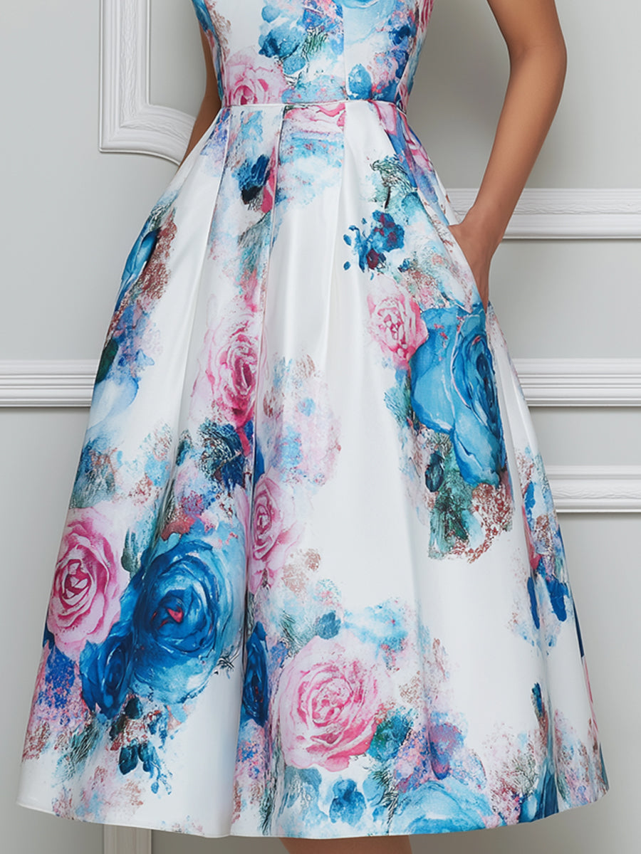 White Watercolor Rose Print Square Neck Midi Dress