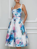 White Watercolor Rose Print Square Neck Midi Dress