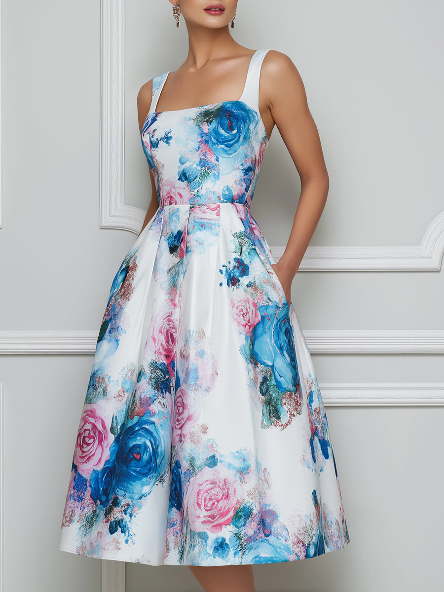 White Watercolor Rose Print Square Neck Midi Dress