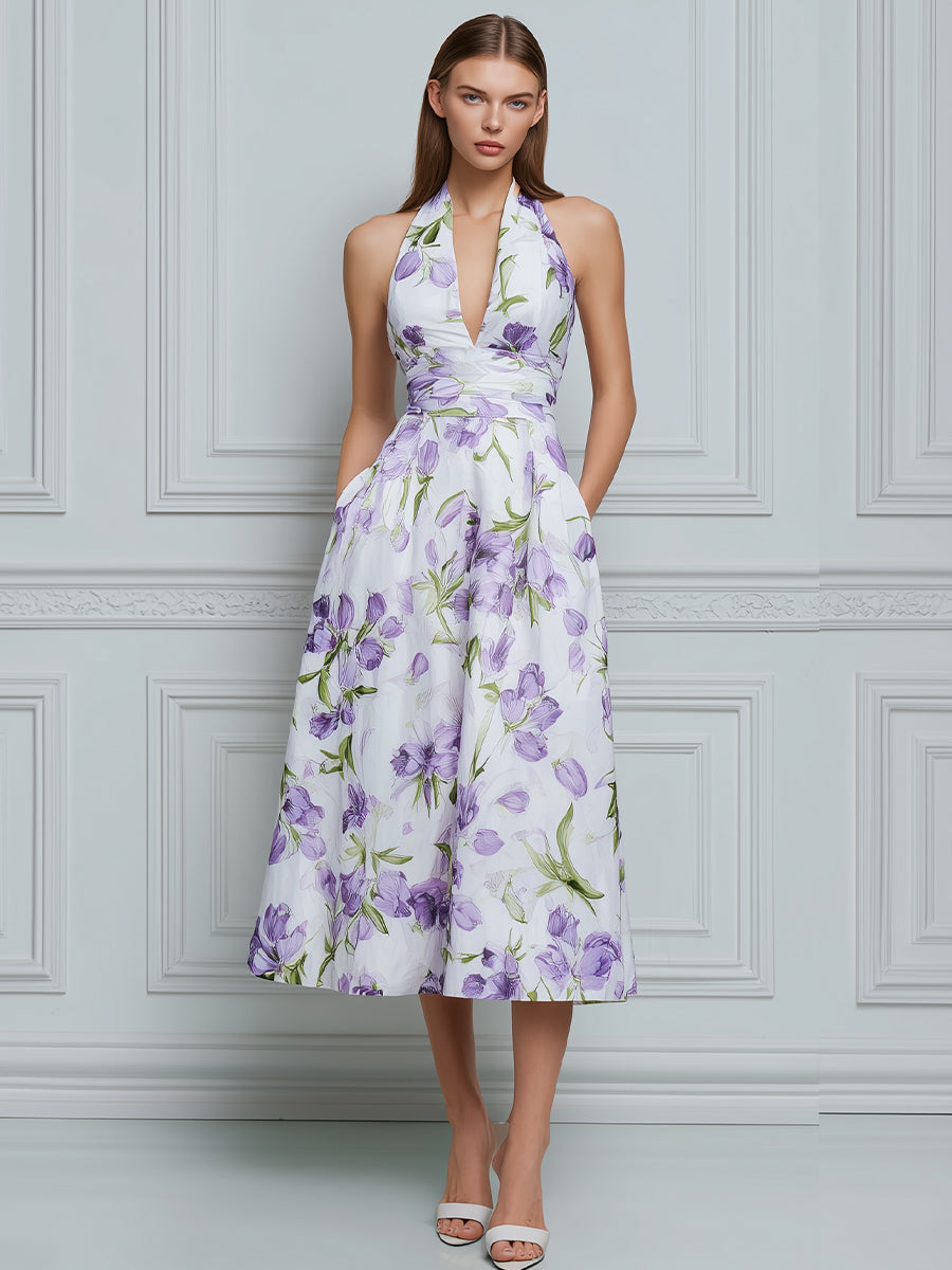 Halter Deep V-Neck Floral A-Line Midi Dress
