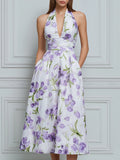 Halter Deep V-Neck Floral A-Line Midi Dress