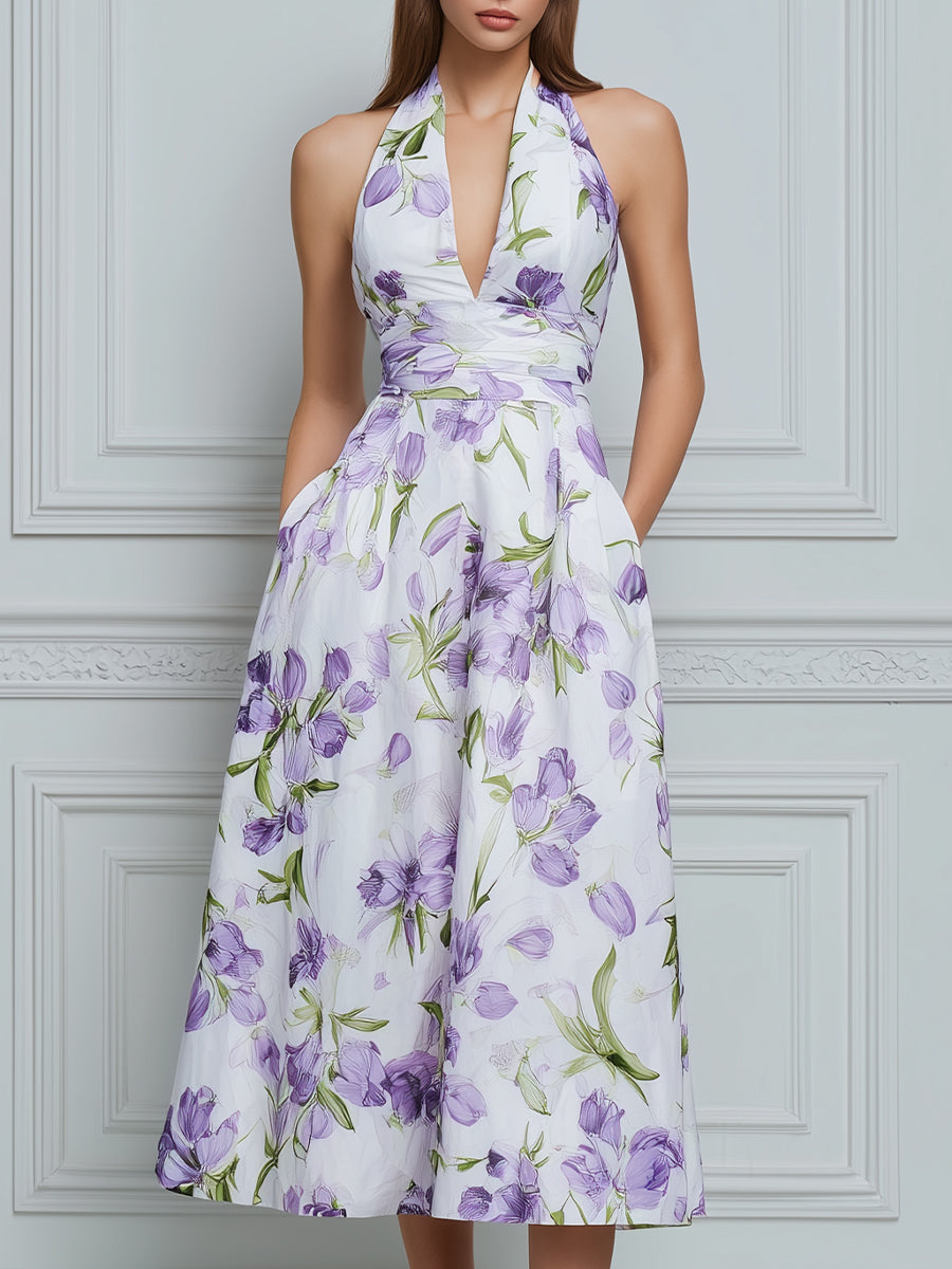 Halter Deep V-Neck Floral A-Line Midi Dress