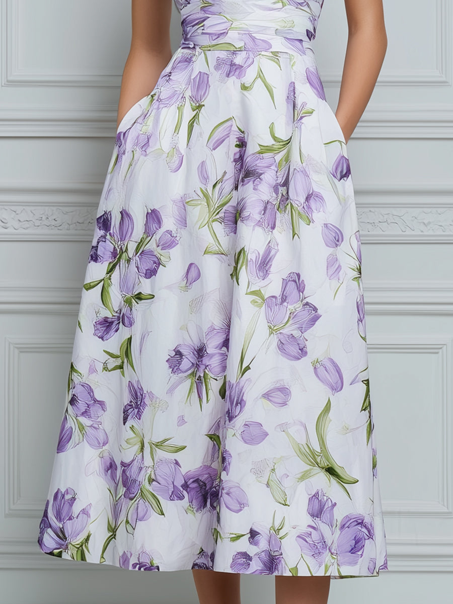 Halter Deep V-Neck Floral A-Line Midi Dress