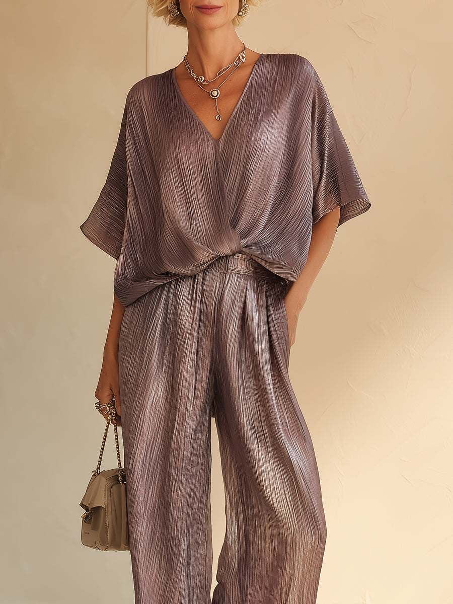 Commuter-Style Pleated Batwing Blouse & Wide-Leg Pants Set