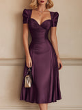 French-Style Elegant Satin Waist-Cinching Midi Dress