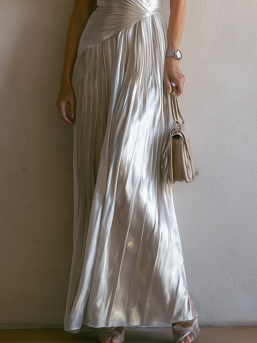 Elegant Pearlescent Satin Pleated Maxi Dress