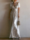 Elegant Pearlescent Satin Pleated Maxi Dress
