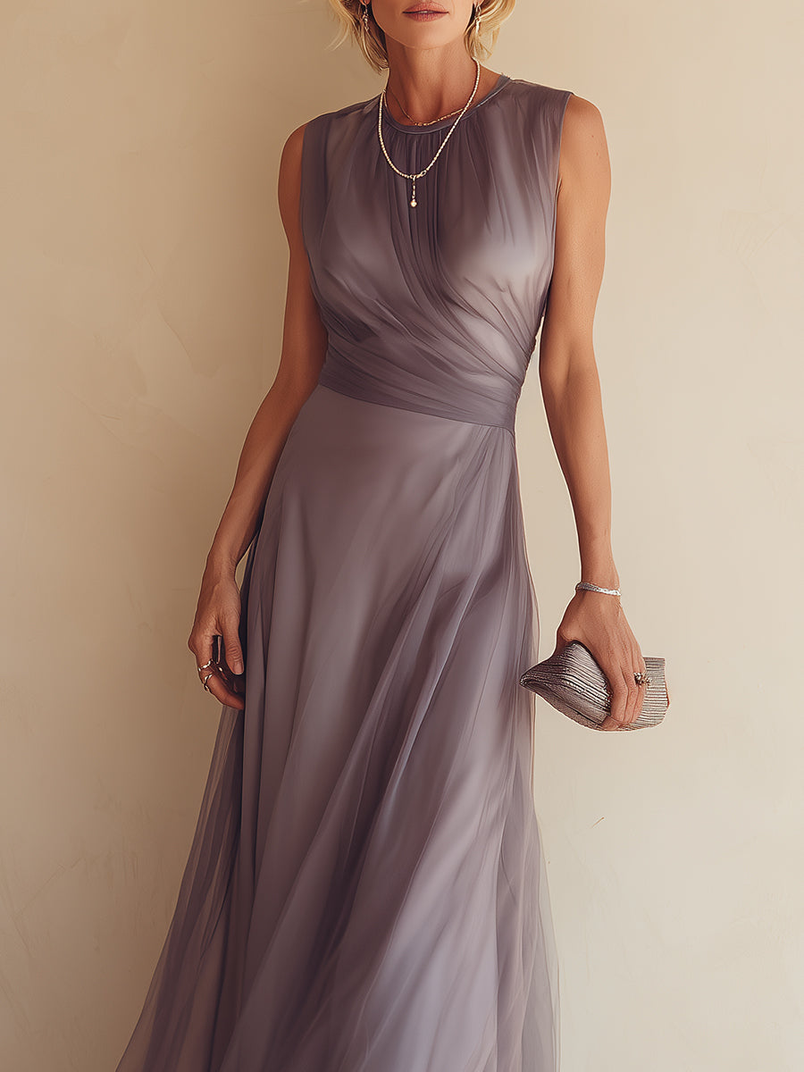 Elegant Double-Layer Mesh Sleeveless Maxi Dress