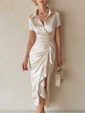 Commuter-Style Midi Dress With Single-Sided Ruffle Trim