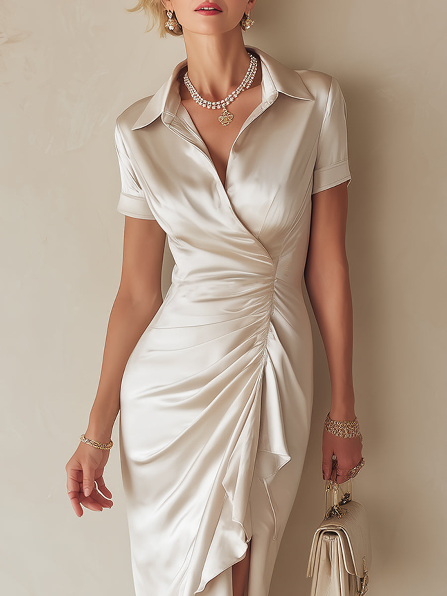 Commuter-Style Midi Dress With Single-Sided Ruffle Trim