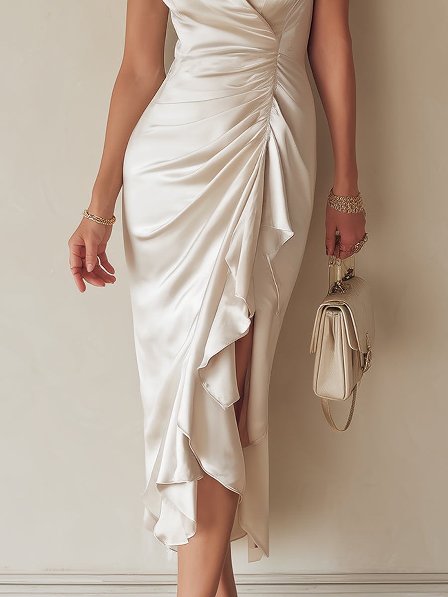 Commuter-Style Midi Dress With Single-Sided Ruffle Trim