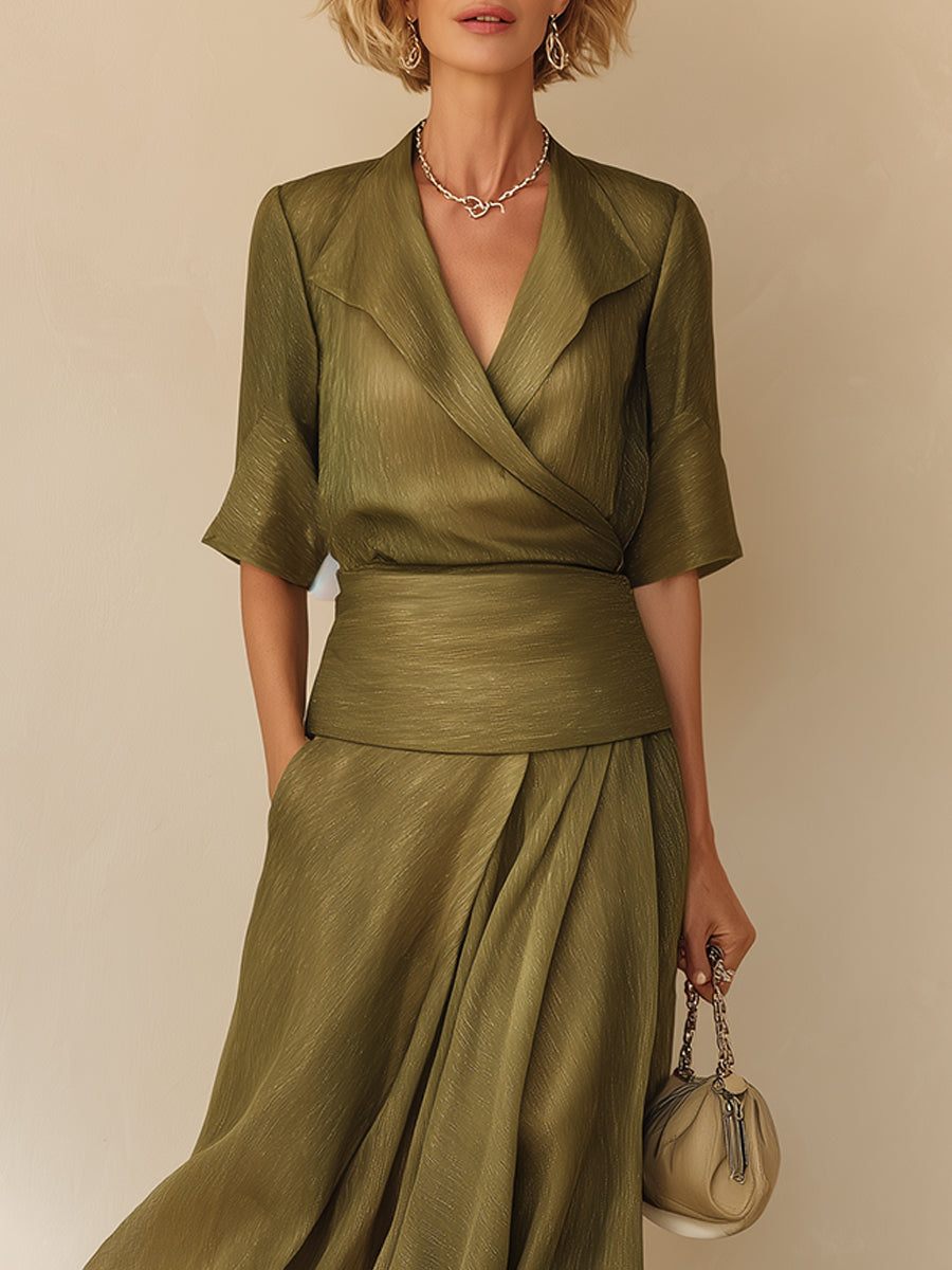 Elegant Tencel Lapel Blouse & Pleated Skirt Set