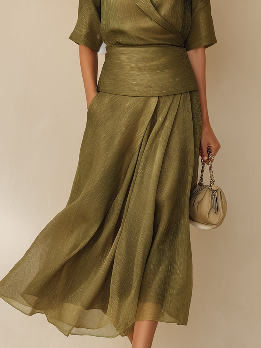 Elegant Tencel Lapel Blouse & Pleated Skirt Set