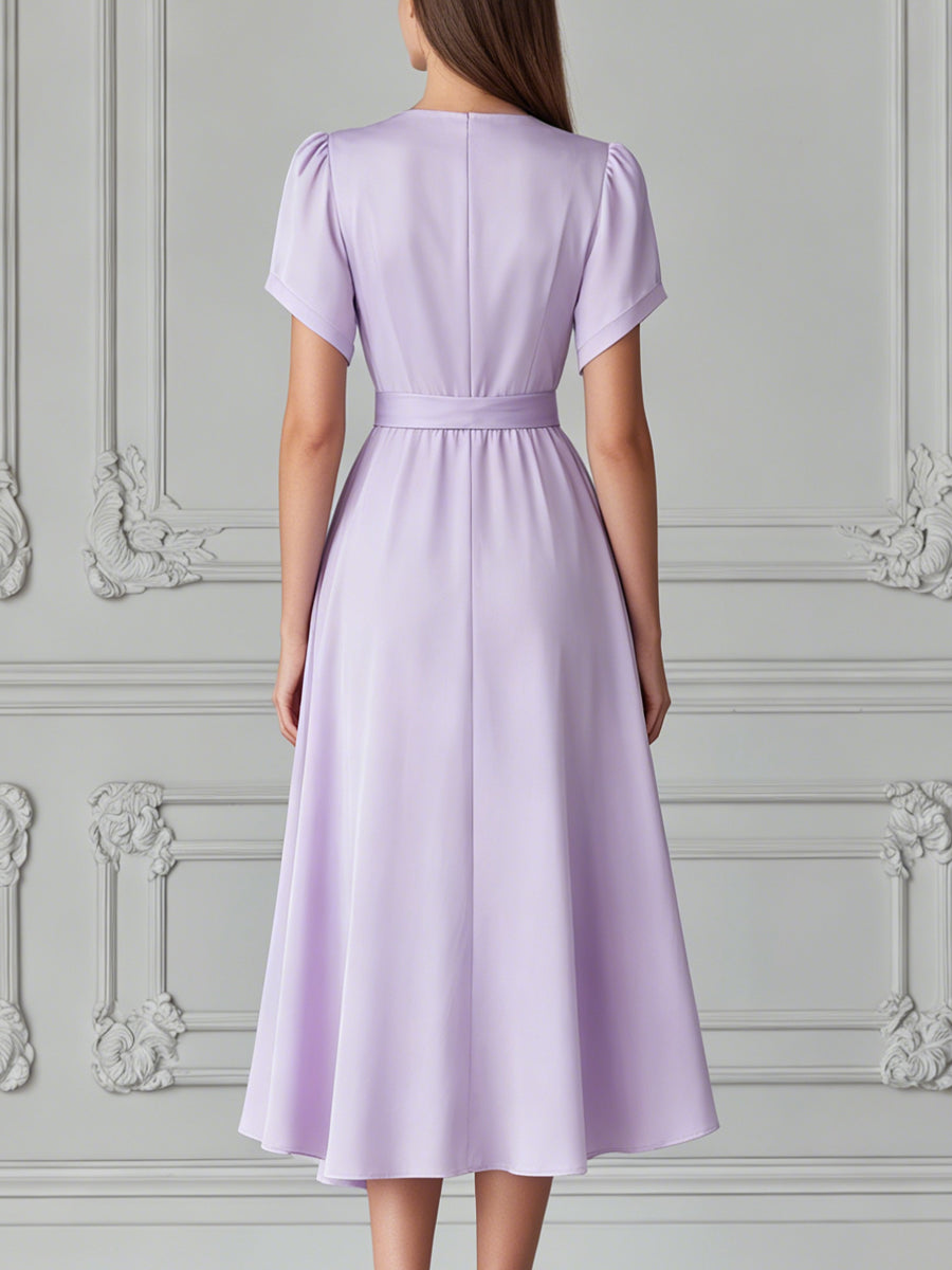 Elegant Lavender Satin Wrap V-Neck Midi Dress