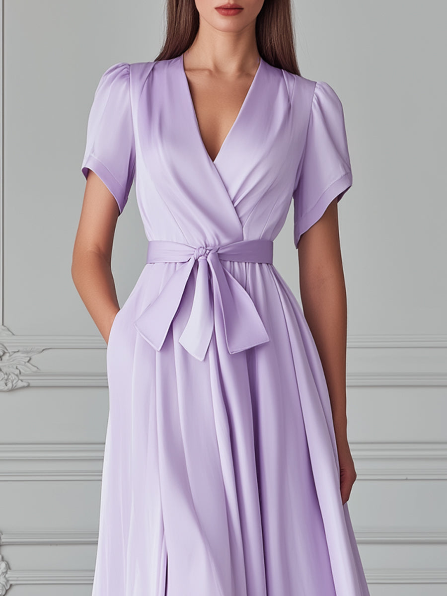 Elegant Lavender Satin Wrap V-Neck Midi Dress