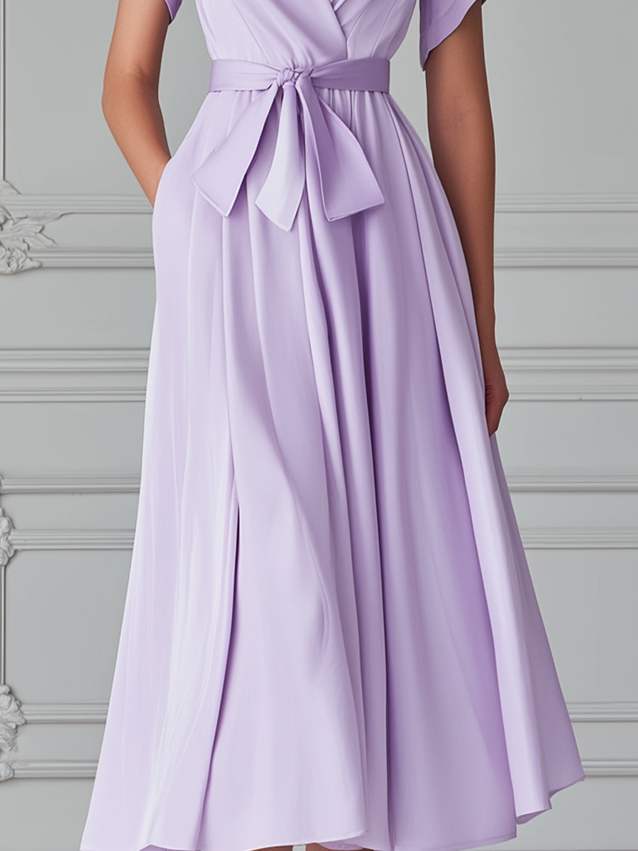 Elegant Lavender Satin Wrap V-Neck Midi Dress