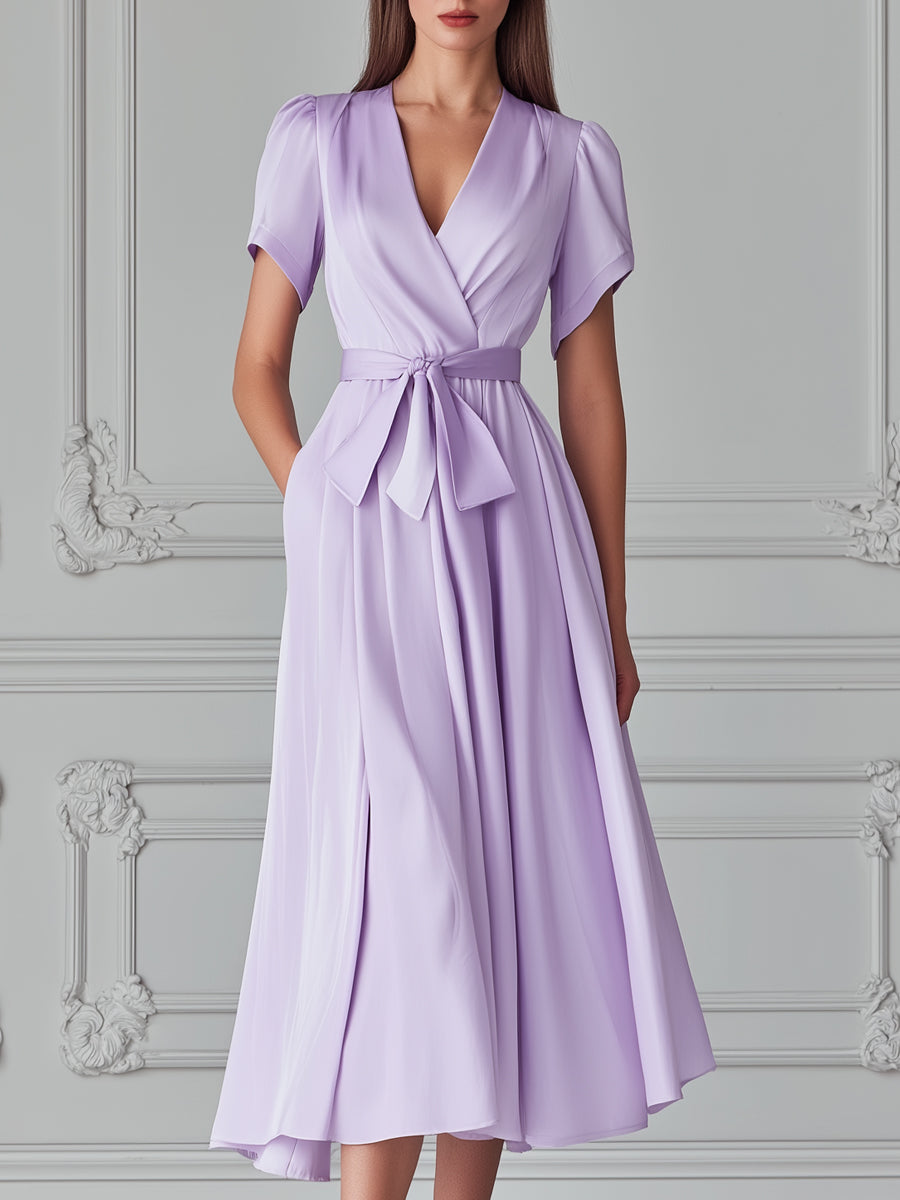 Elegant Lavender Satin Wrap V-Neck Midi Dress