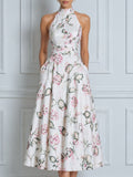 High Neck Halter Floral A-Line Midi Dress