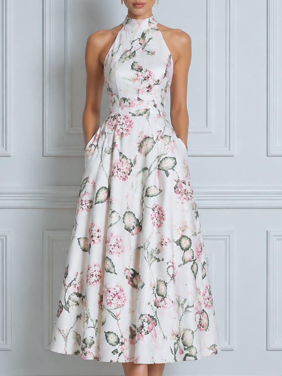 High Neck Halter Floral A-Line Midi Dress