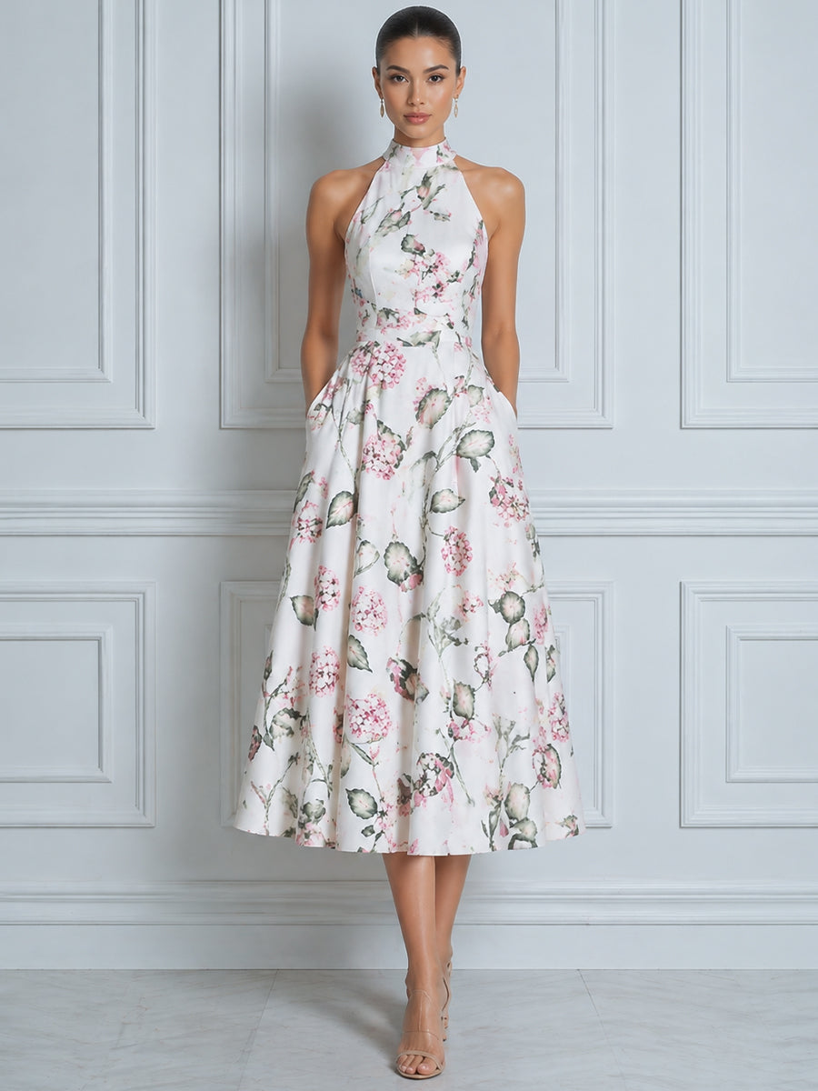 High Neck Halter Floral A-Line Midi Dress