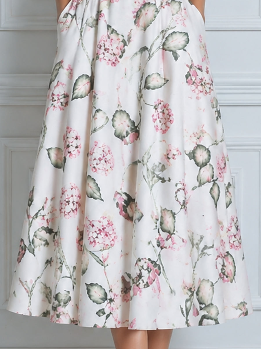 High Neck Halter Floral A-Line Midi Dress