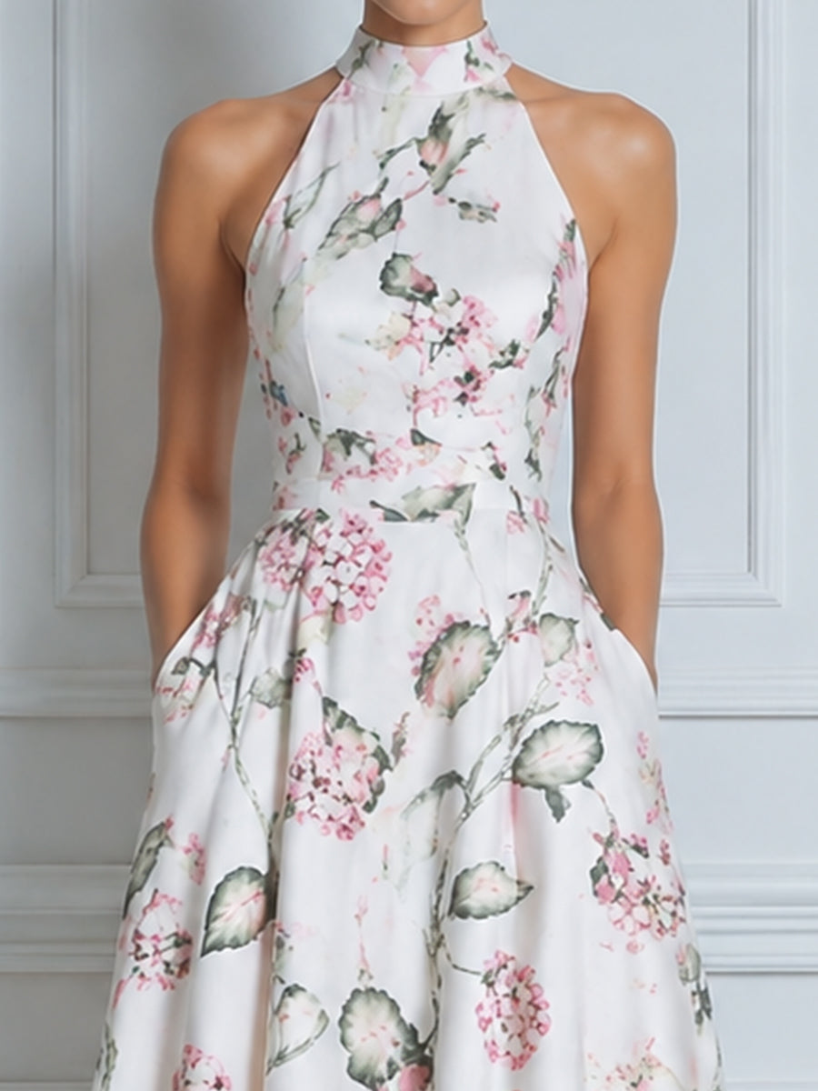 High Neck Halter Floral A-Line Midi Dress