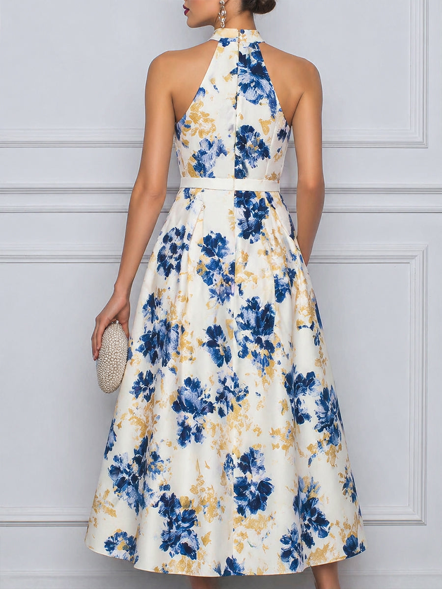 Halter Neck Floral Print A-Line Midi Dress